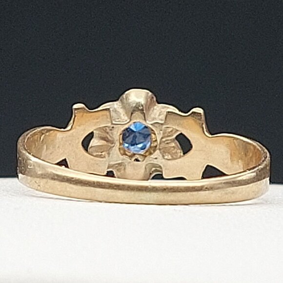 Antique 10K Gold Victorian Blue Spinel Ring Art Nouveau Floral 6-Prong Solitaire - Picture 5 of 12